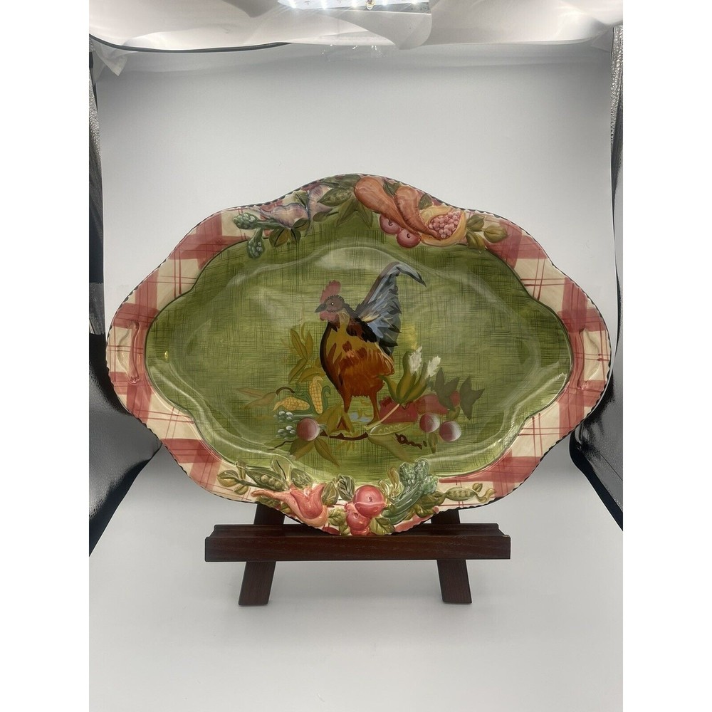 TRACY PORTER STONEHOUSE FARM COLLECTION 18.5" OVAL PLATTER ROOSTER Chicken Green